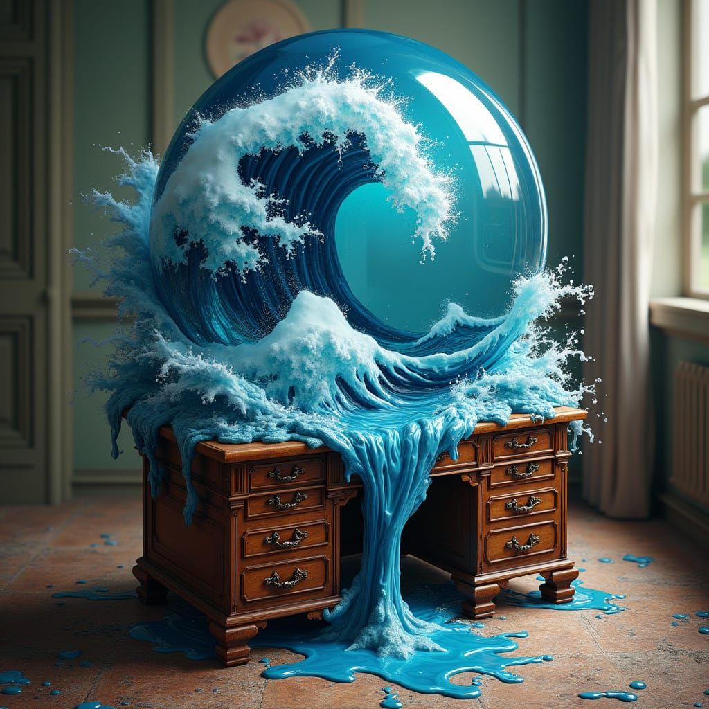 Perfect Water Sphere With Miniature Ocean on Antique Desk