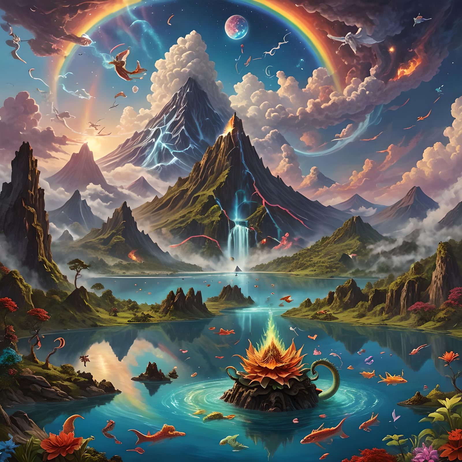 Heart Lake with Dragon, Kali, and Fantasy Elements