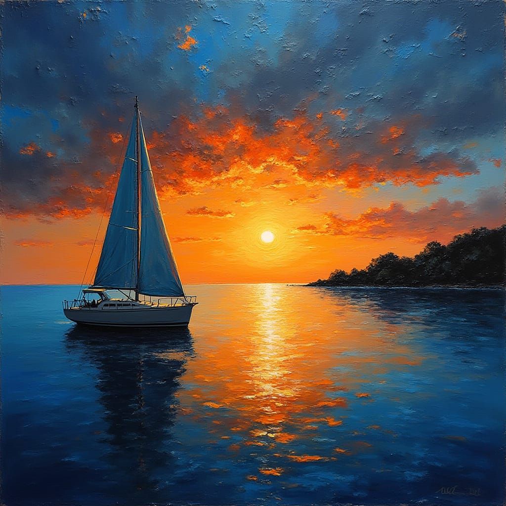 Impasto Sunset Over Calm Ocean with Sailboat