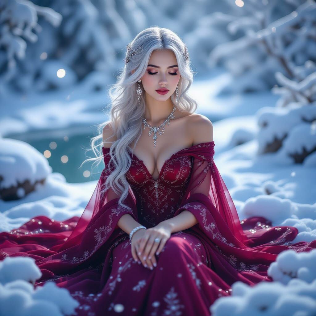 Snow Queen in Moonlight Gown Amidst Floating Garden