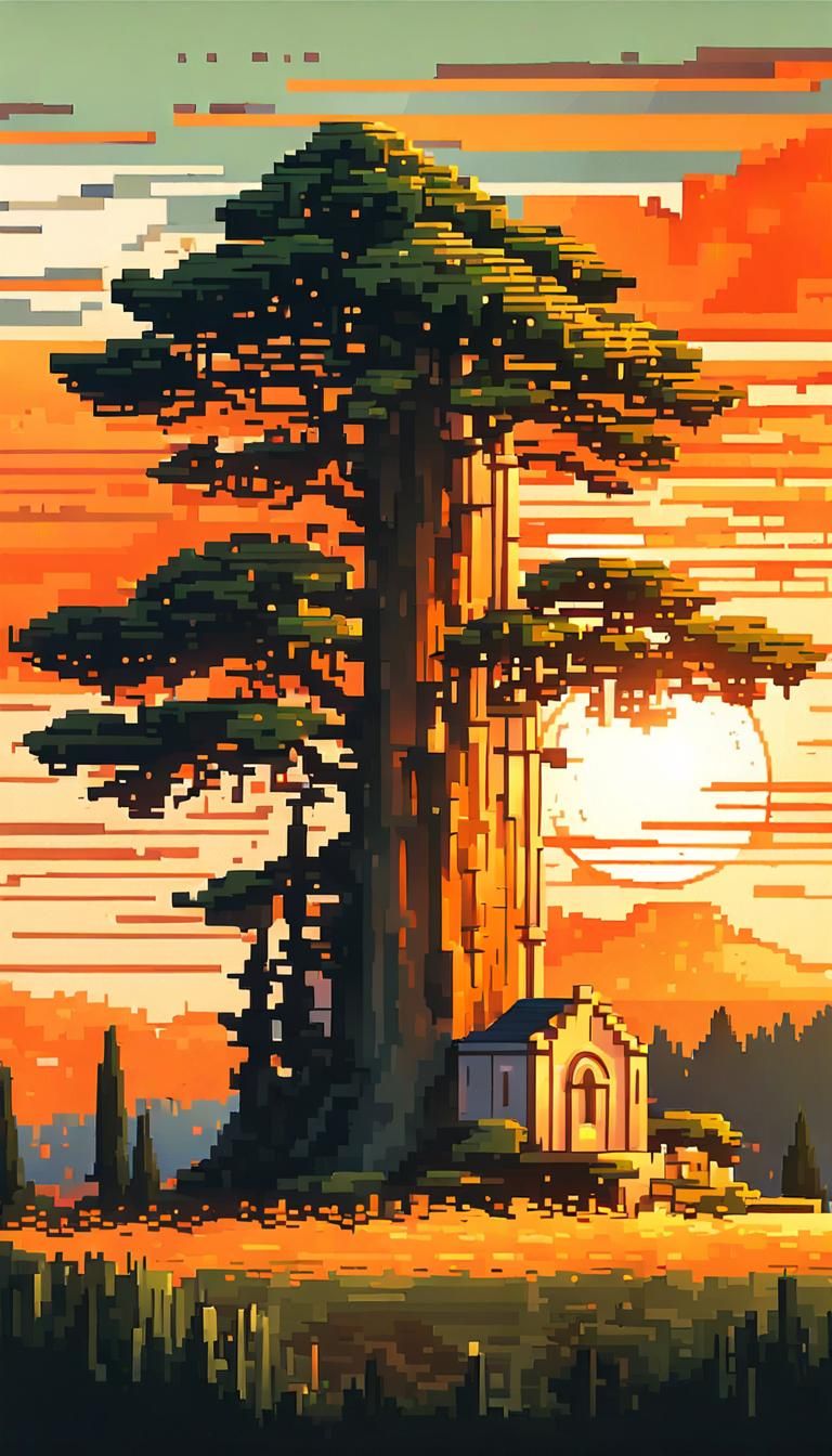 Pixel Art Cypress Tree at Sunset