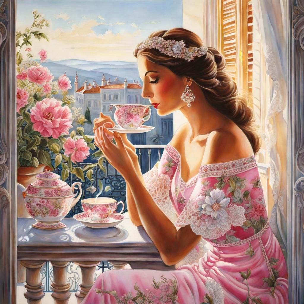 Woman on Balcony Drinking Tea in Dreamlike Style