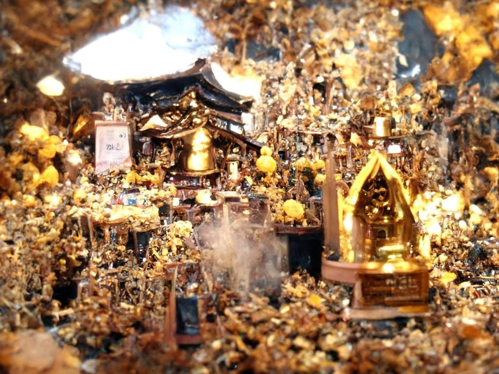 Surreal Shrine with Golden Offerings and Incense
