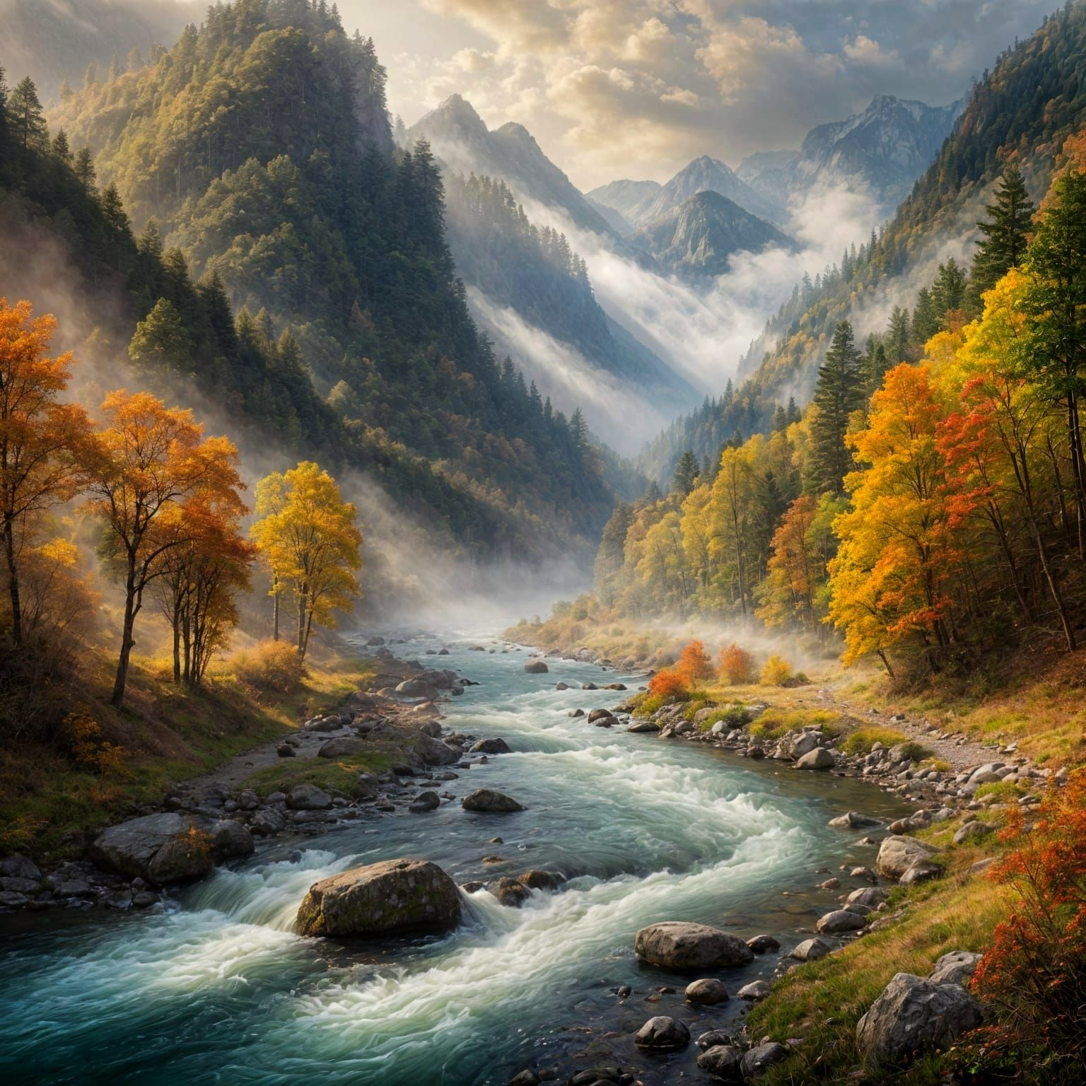Autumn River Landscape in Majestic Mountains