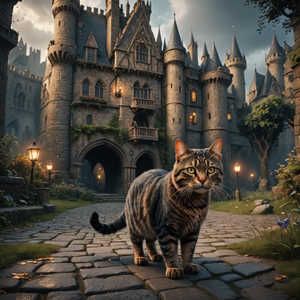 Cat Wandering Castle Grounds in Detailed Matte Painting