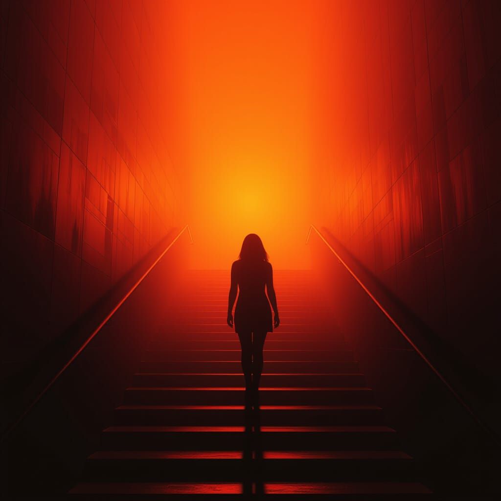 Surreal Red Light Stairs Leading to Infinity in Darkness