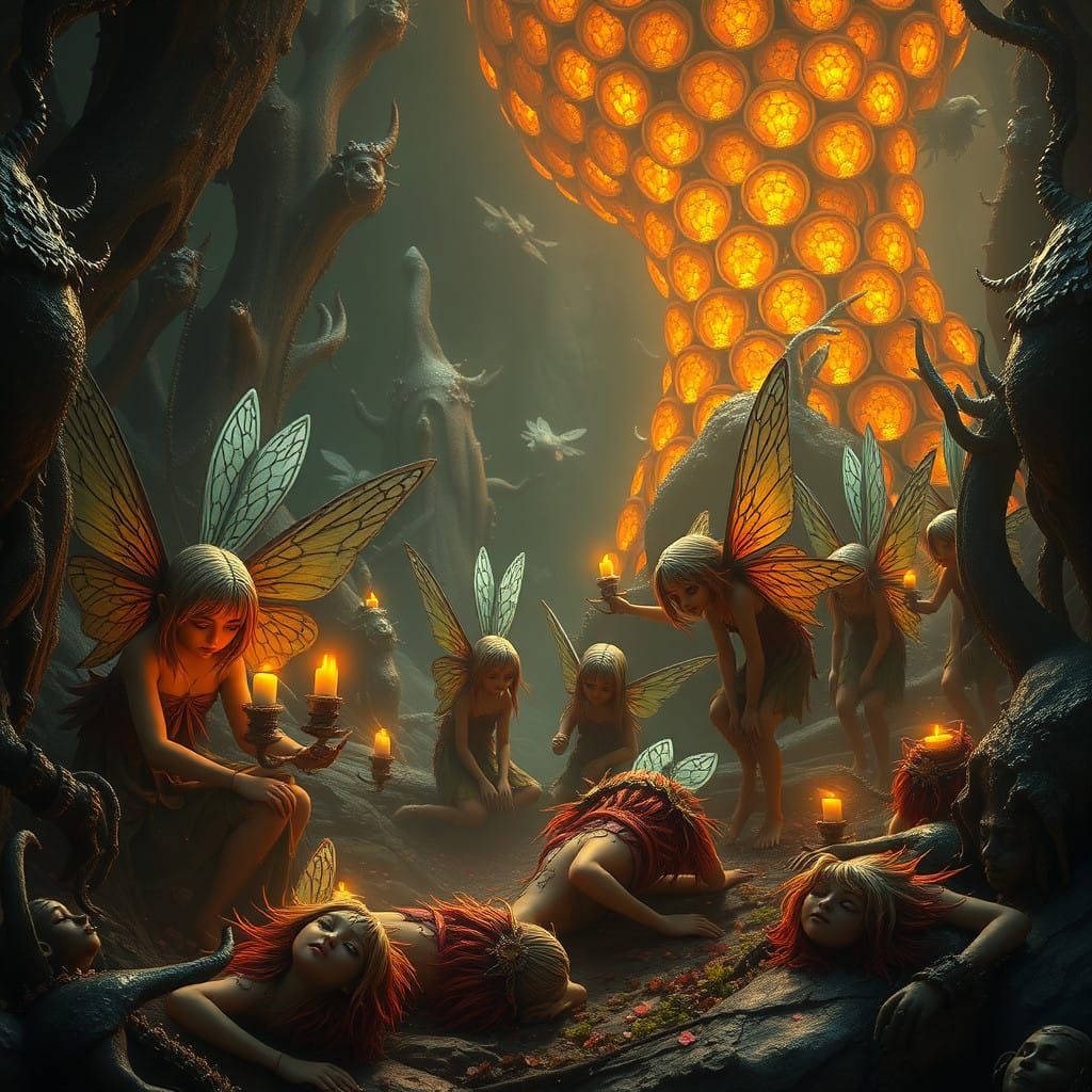 Weeping Fairies in a Fantastical Hive Scene, in Detailed Mat...