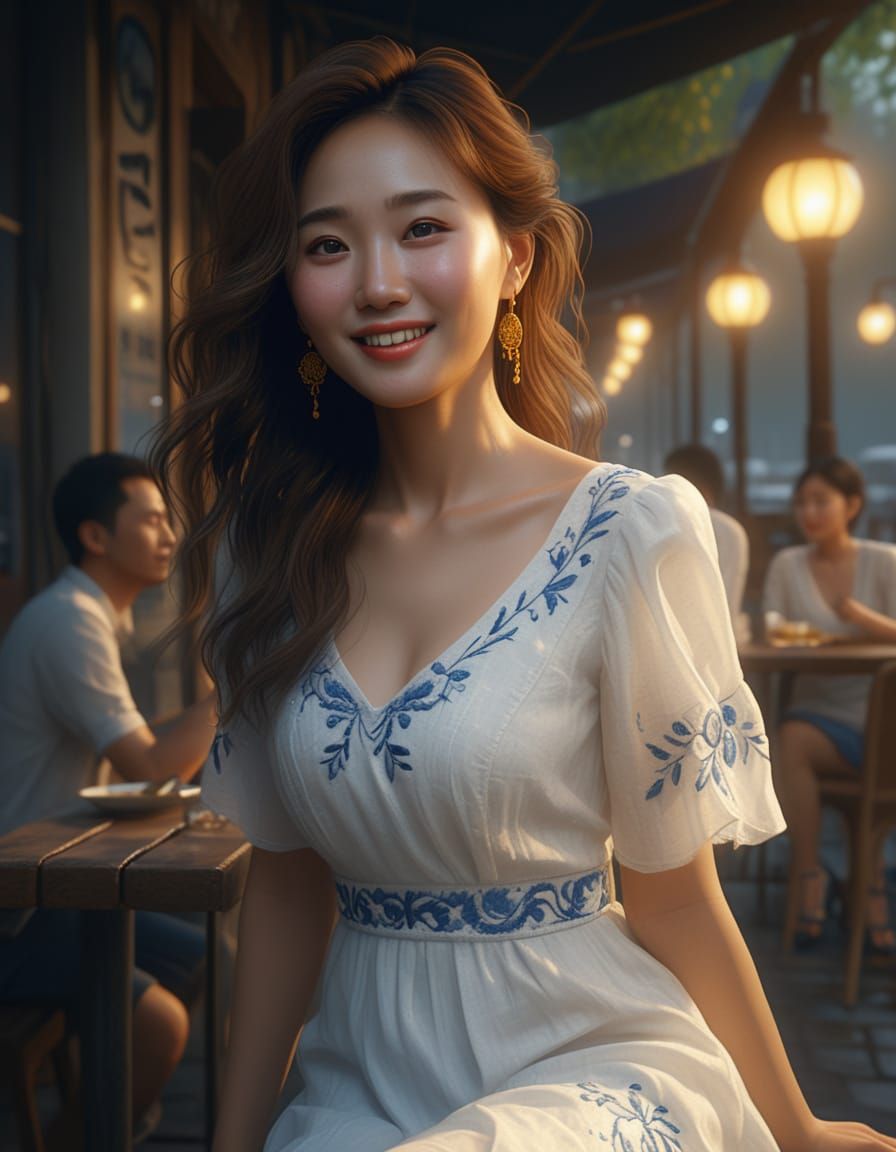 Korean Woman in White Dress: Romantic Realism Portrait