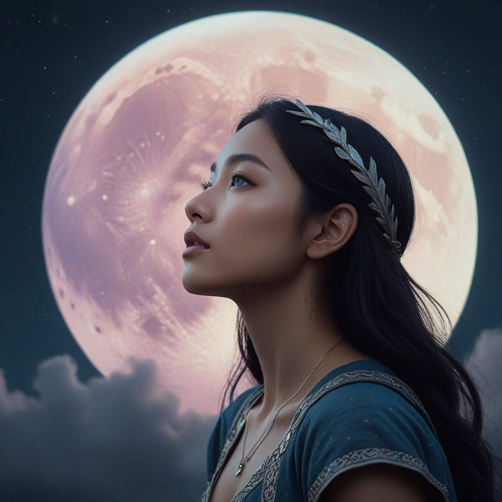Dreamy Asian Elf Woman Basks in Moonlight