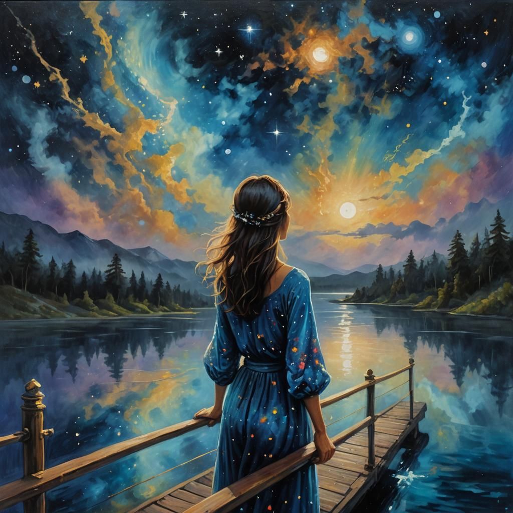 Stargazing Woman: Cosmic Oil Painting