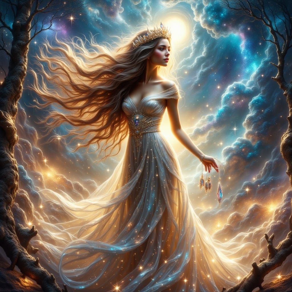 Celestial Goddess Emerges from Iridescent Nebula