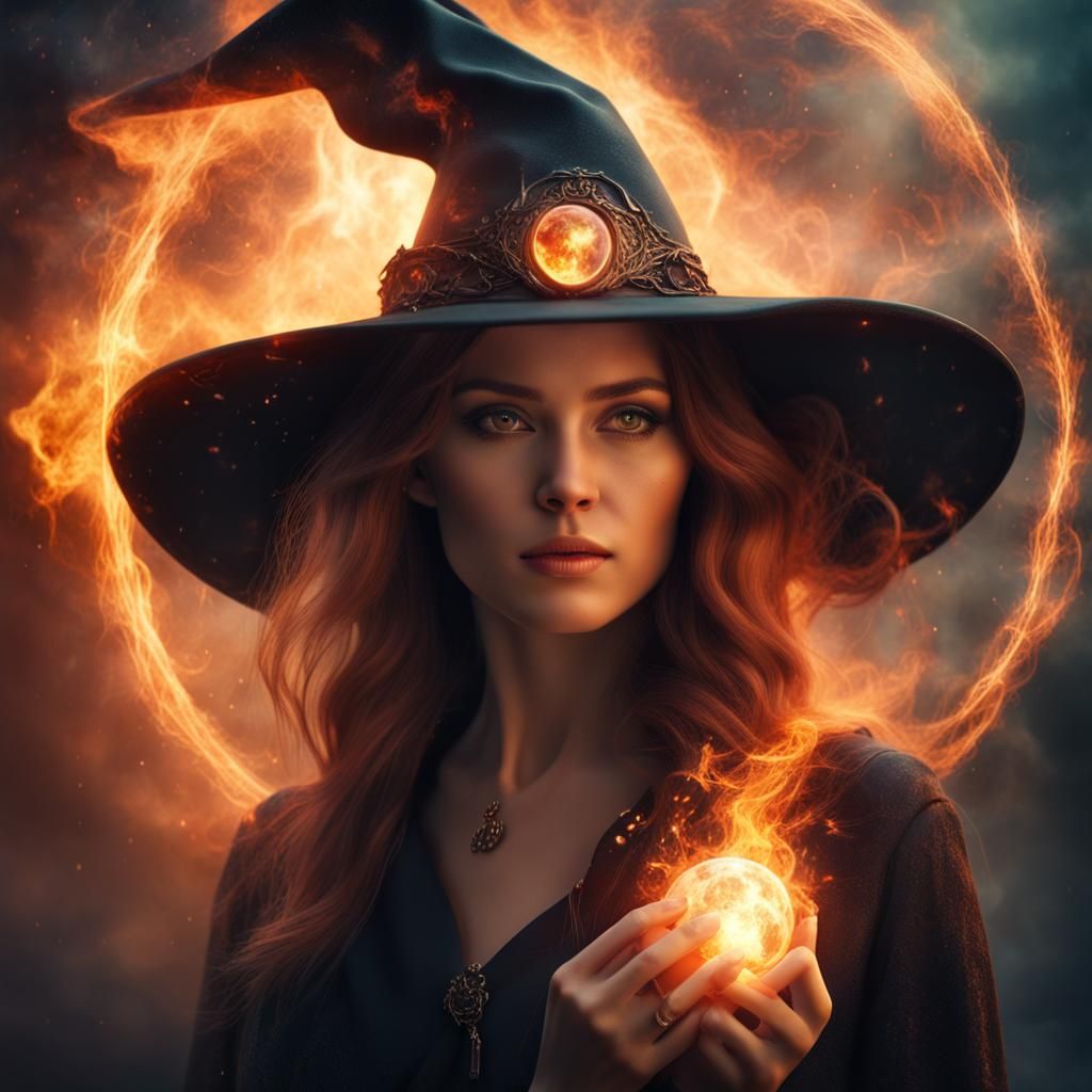 Mystic Witch Portrait with Fireball Energy