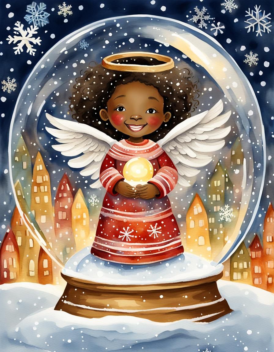 Smiling Angel in Snow Globe: Watercolor Folk Art