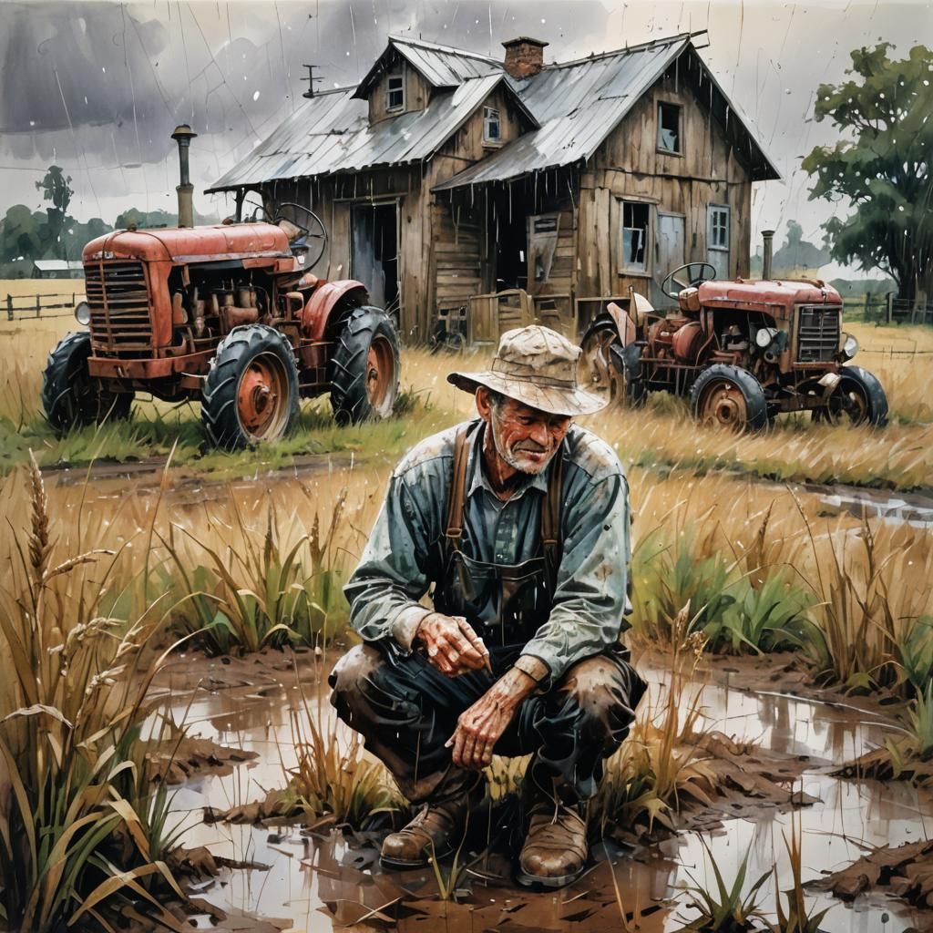 Farmer in Rainstorm, Impressionist Digital Art
