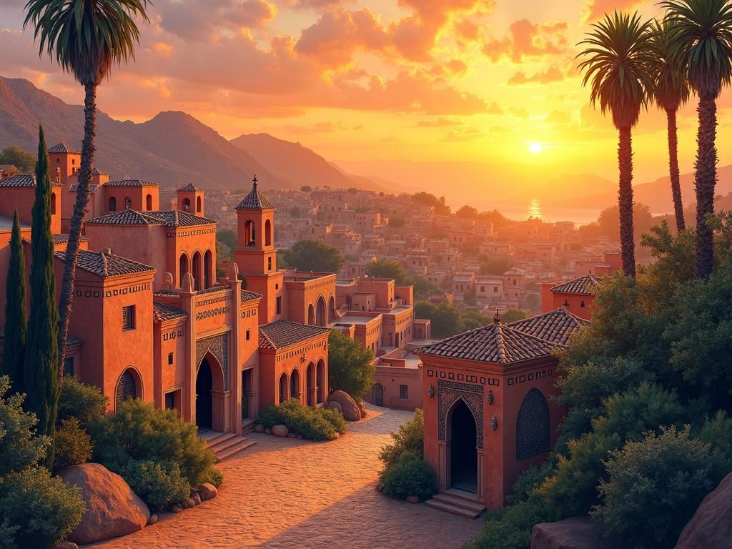 Moroccan Village Sunrise in Dreamy Watercolor Style