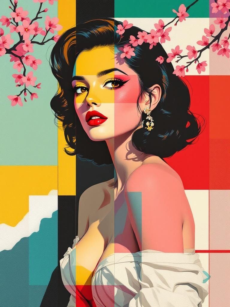 Retro Pin-Up Fusion with Geometric Garden in Vintage Style