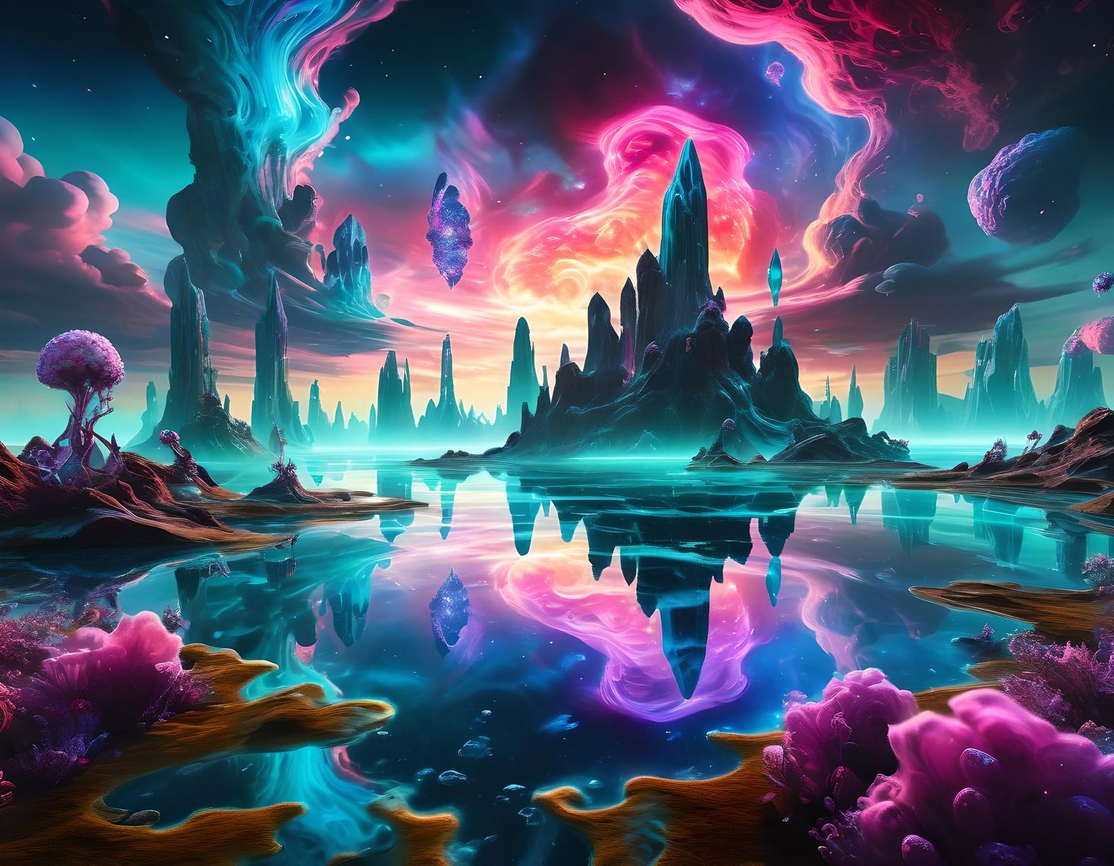 Surreal Landscape with Towering Crystals and Glowing Skies