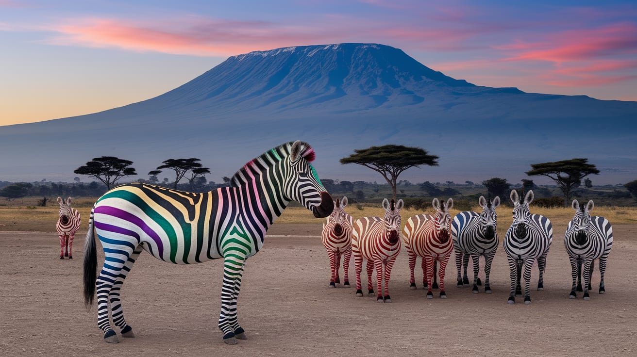 Vibrant Zebra Herd Roams African Plains with Mount Kilimanja...