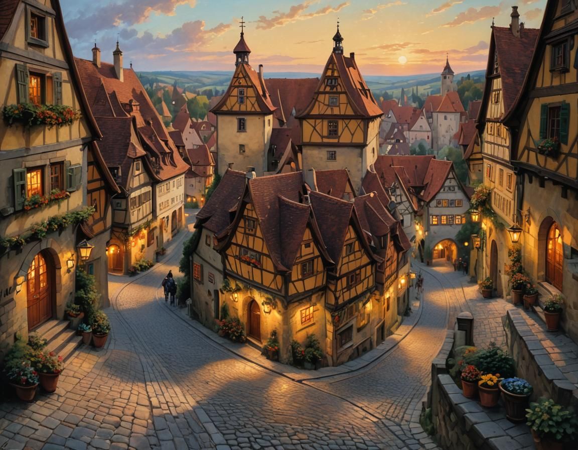 Rothenburg ob der Tauber Oil Painting at Dusk