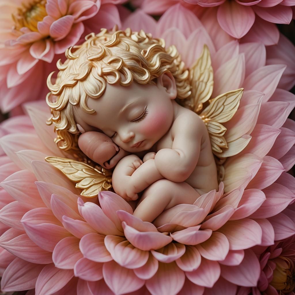 Sleeping Baby Fairy in Dahlia, Cinematic Close-Up