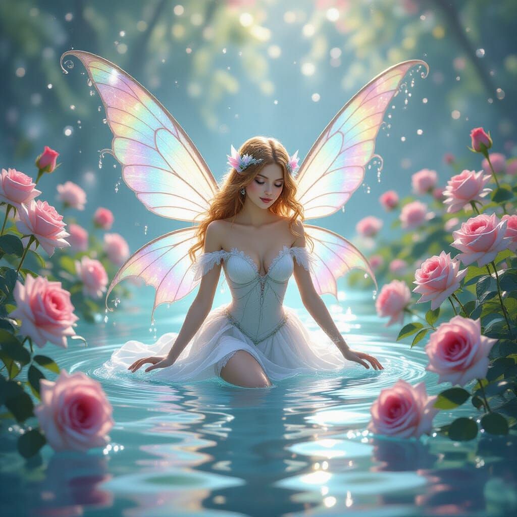 Ethereal Fairy Emerges From Water Amidst Roses and Snow Crys...