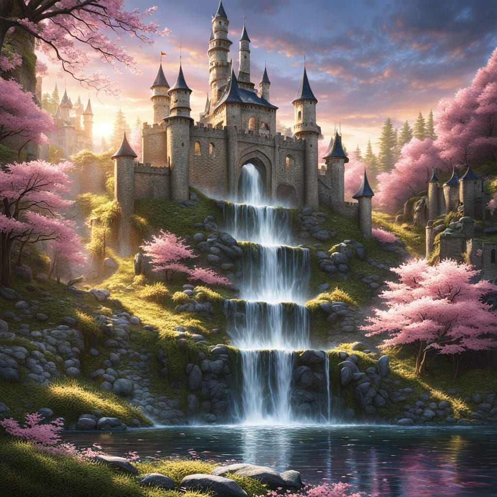 Fantasy Castle Amidst Waterfall and Cherry Blossoms