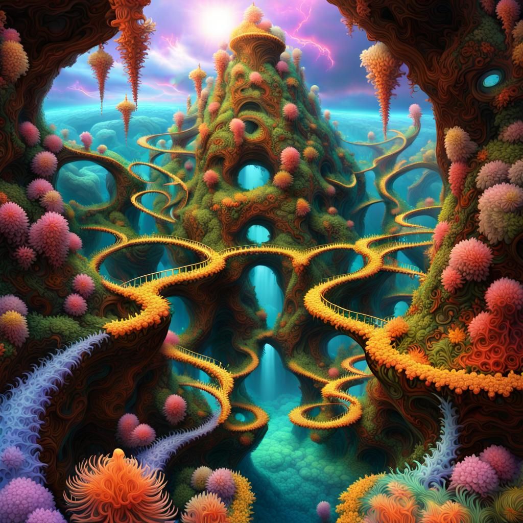 Fractal Garden with Merman in Suminagashi Style