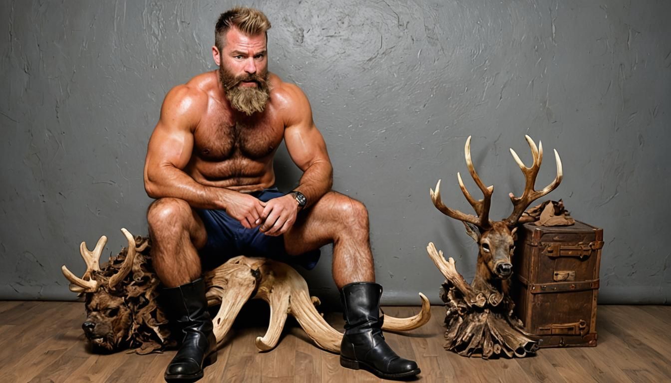 Hairy Man Smelling Boots with Blonde Beard