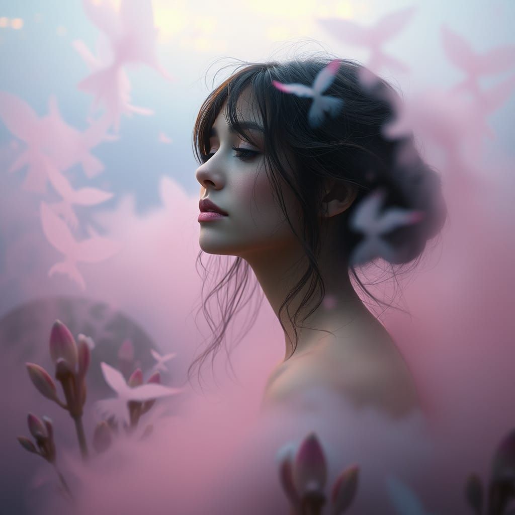 Surreal Dreamscape: Woman Lost in Misty Thought