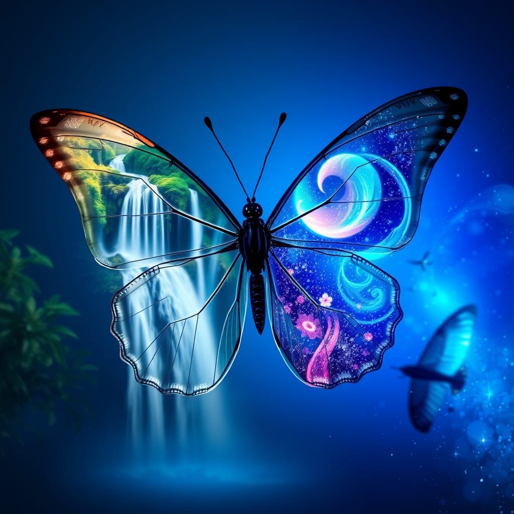 Ethereal Butterfly with Waterfall and Galaxy Wings