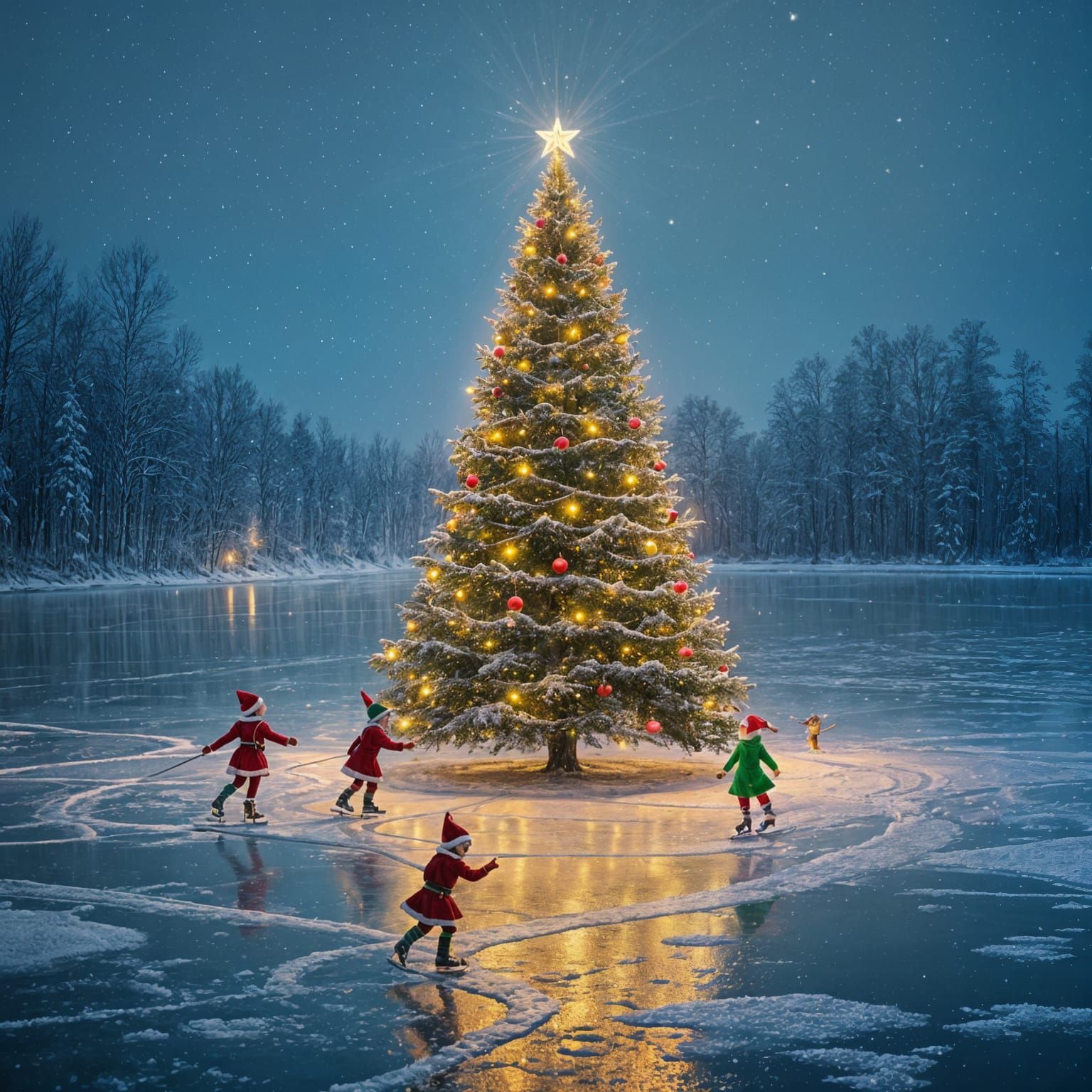 Festive Elves Skating Around Christmas Tree