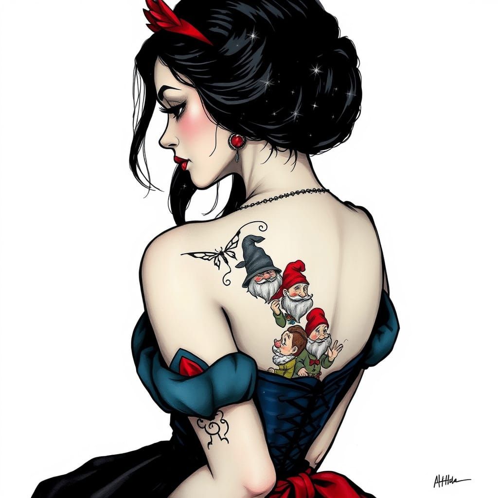 Goth Disney Snow White with Dwarves Tattoo in Vibrant Oil Pa...