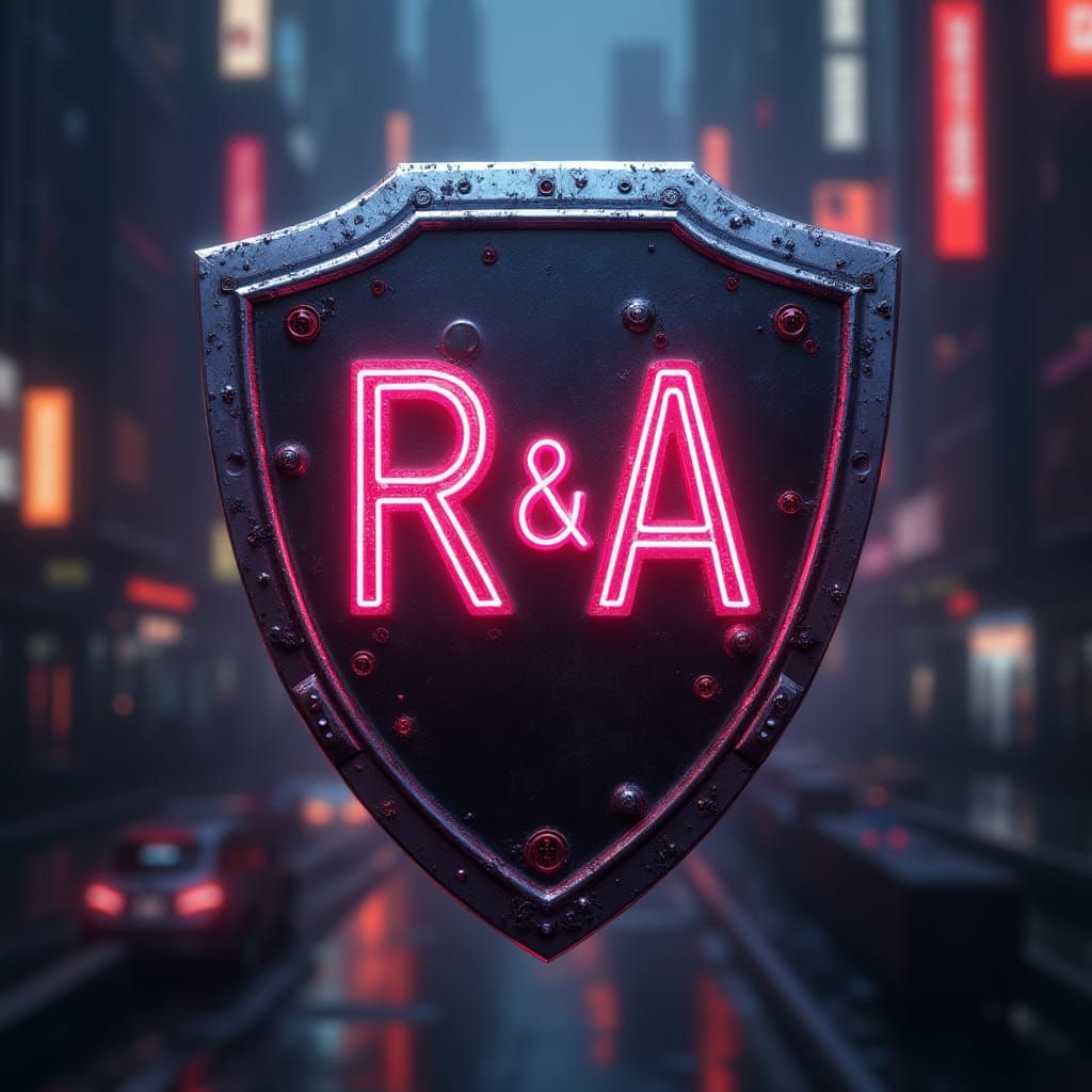 Futuristic Cyberpunk Shield Logo in Neon-Lit Cityscape