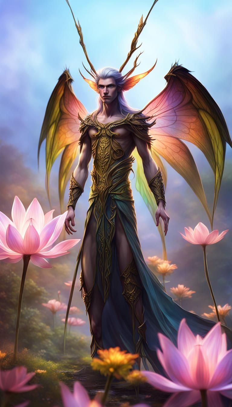 Winged Fairy Wizzard with Shining Lotus in Heroic Fantasy St...