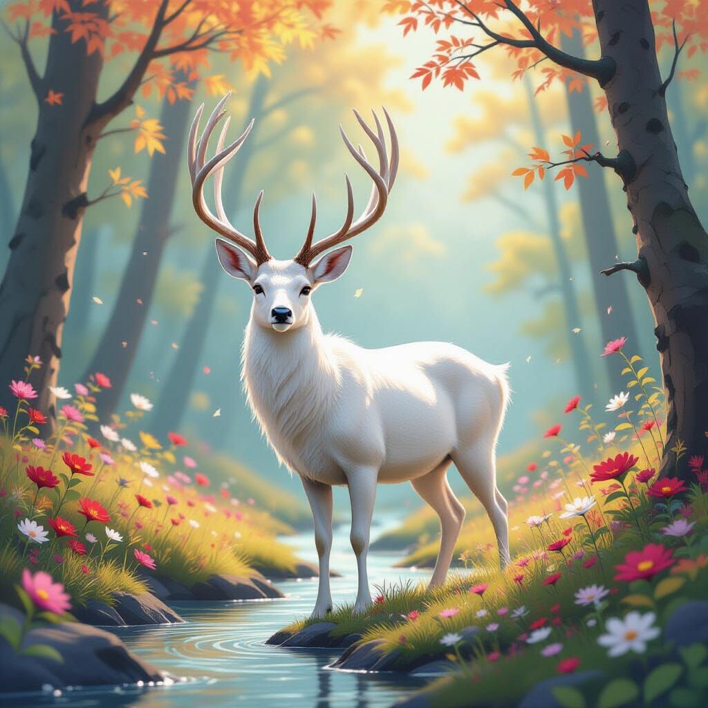 Majestic White Deer in Enchanted Forest: Watercolor Illustra...