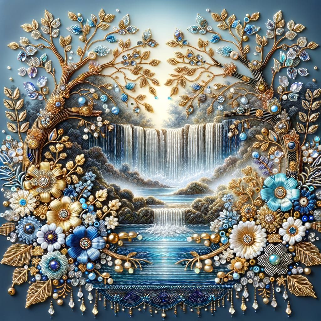 Ornate Beaded Waterfall Scene in Gold and Silver