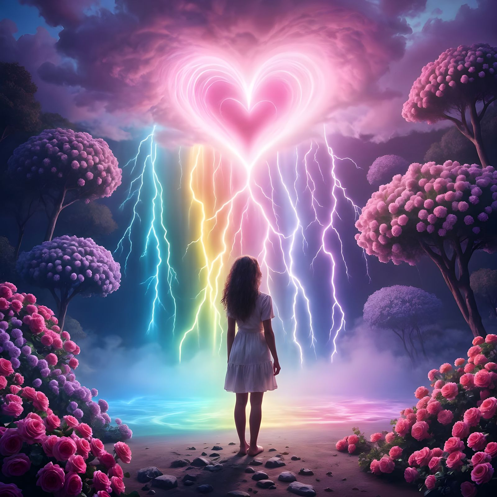 Heart Lightning over Rainbow Waterfall in Dreamcore Style
