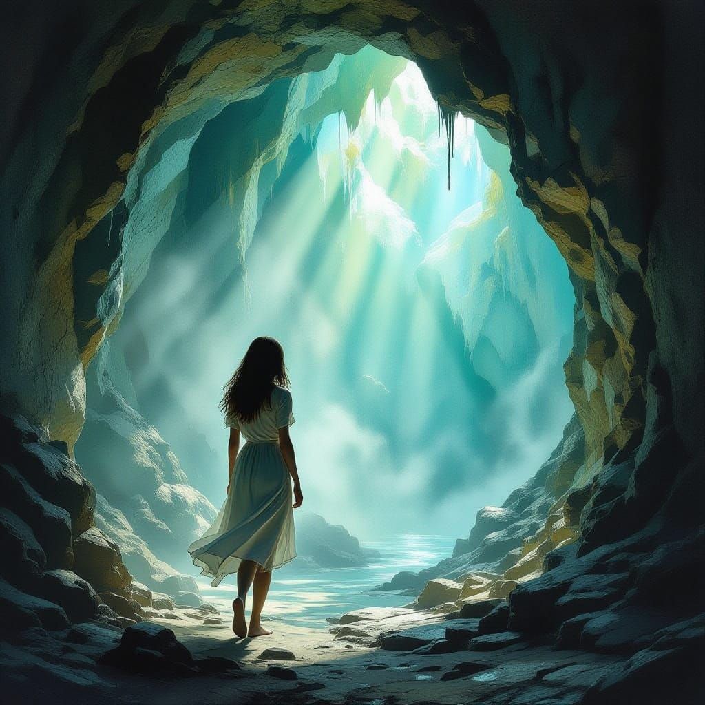 Barefoot Woman Enters Ethereal Grotto of Memory