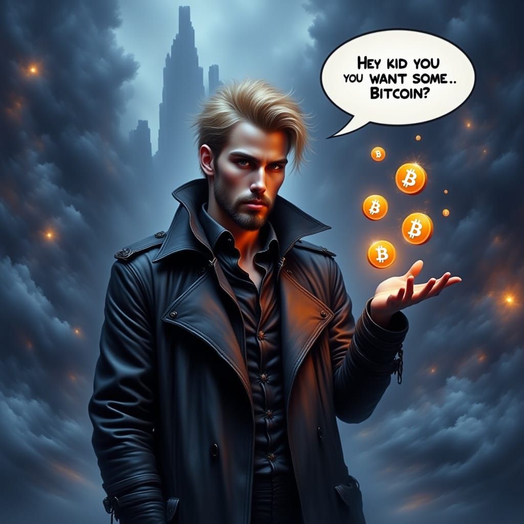 Surreal Businessman in Cyberpunk City, Bitcoin Tokens Spinni...