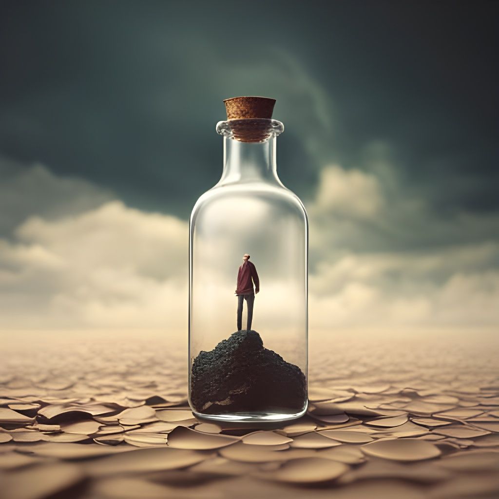 Man Trapped Inside Glass Bottle: Fantasy Concept Art