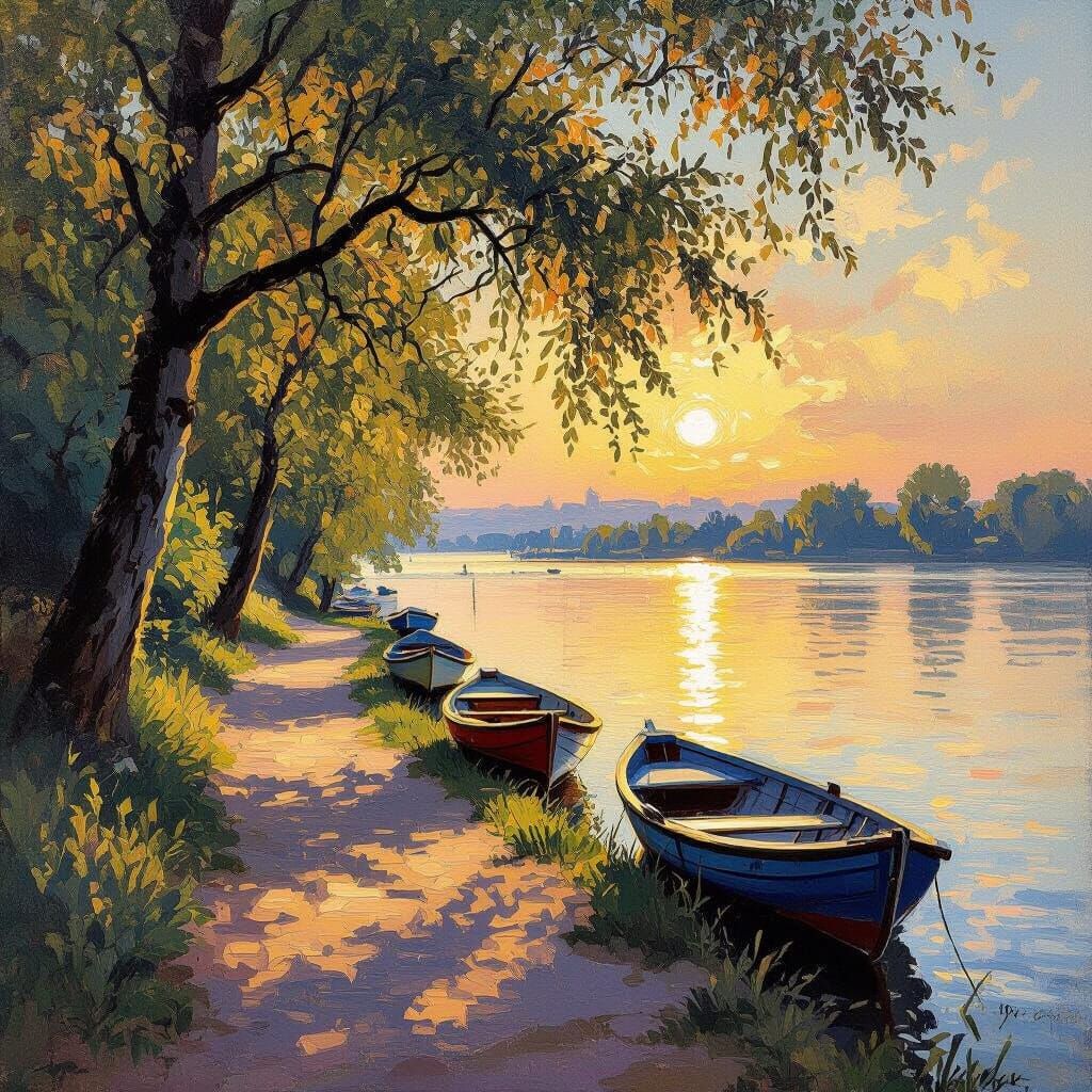 Serene Lakeshore Path at Dusk in Impressionist Style