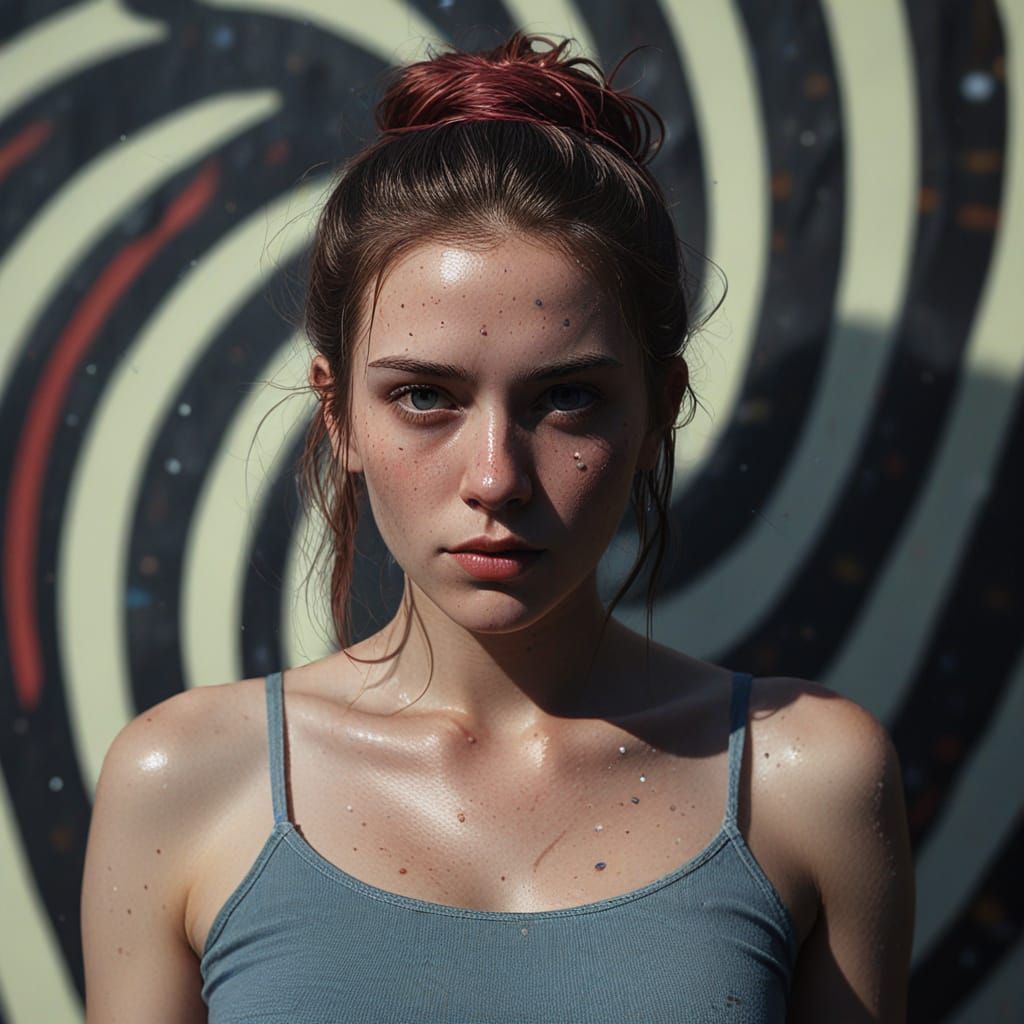 Vivid Woman in Hypnotic Striped Background