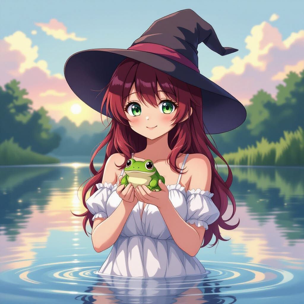 Anime Woman with Frog in Cel-Shaded Style