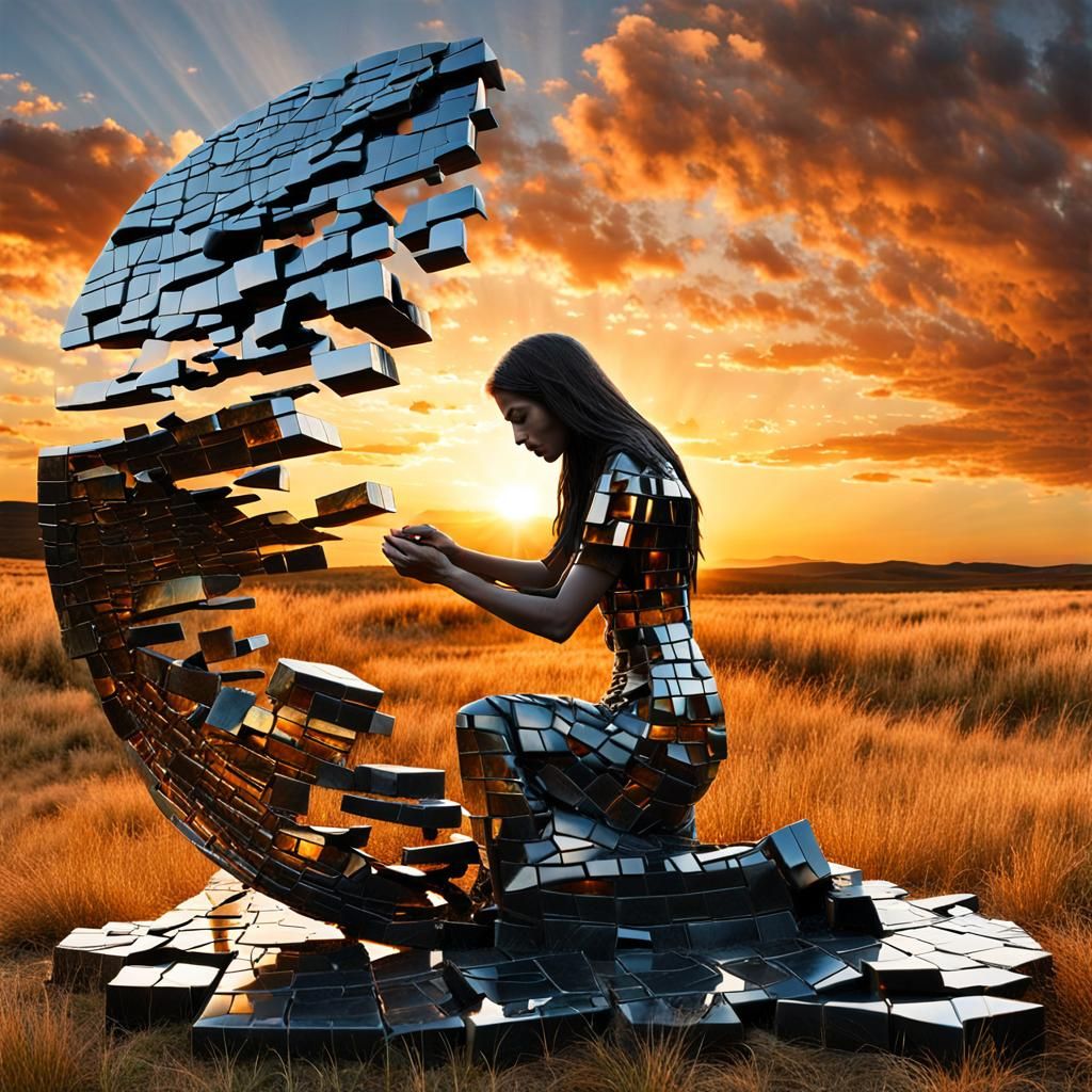 Surreal Fragmented Sculpture of Woman at Sunset