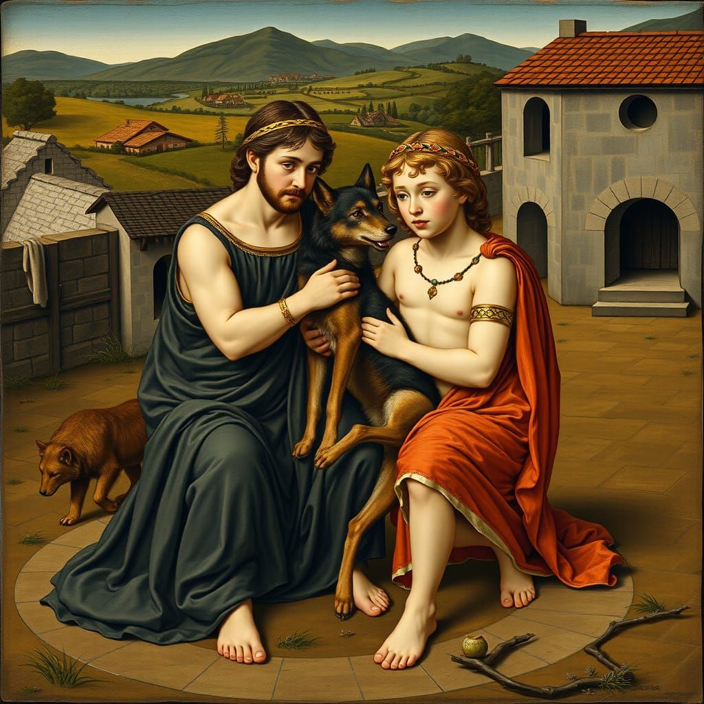 Greek Mythological Scene in Medieval Painting Style