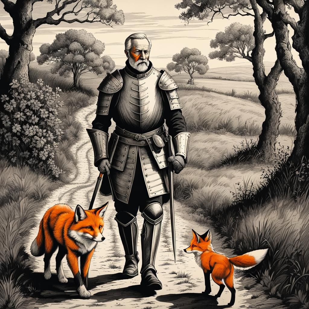 Knight and Fox Companion in Inked Drawing Style
