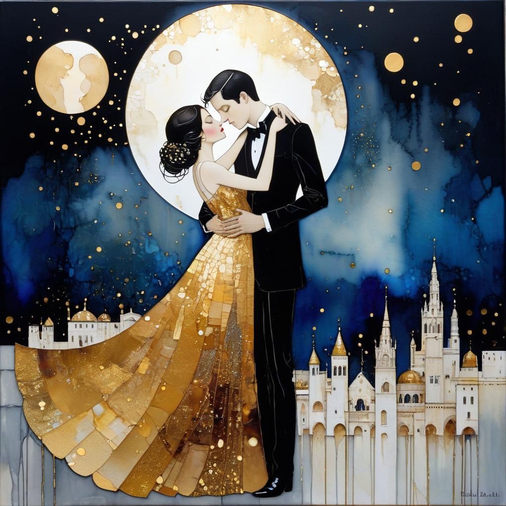 Romantic Embrace in Surreal Alcohol Ink Dreamscape