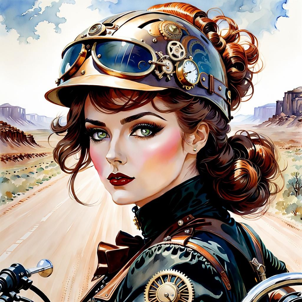 Steampunk Gibson Girl Motorcyclist Watercolor Portrait