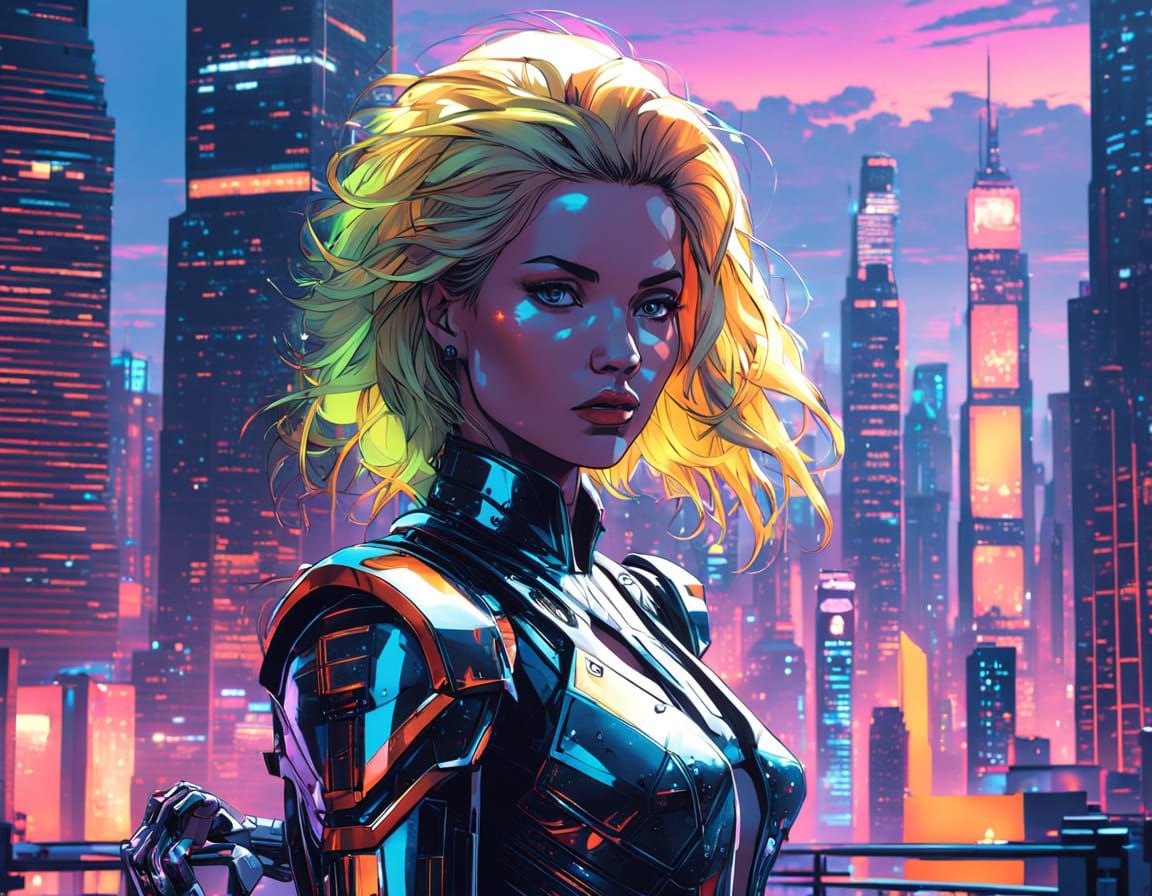 Supermodel On Skyscraper Against Pop Art Sunset