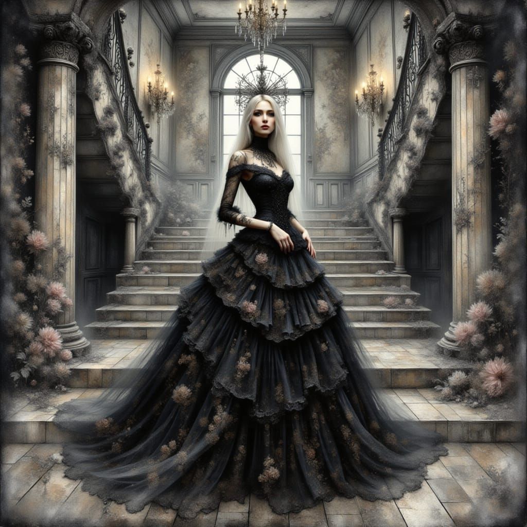 Gothic Woman in Rococo Gown in Dark Hall